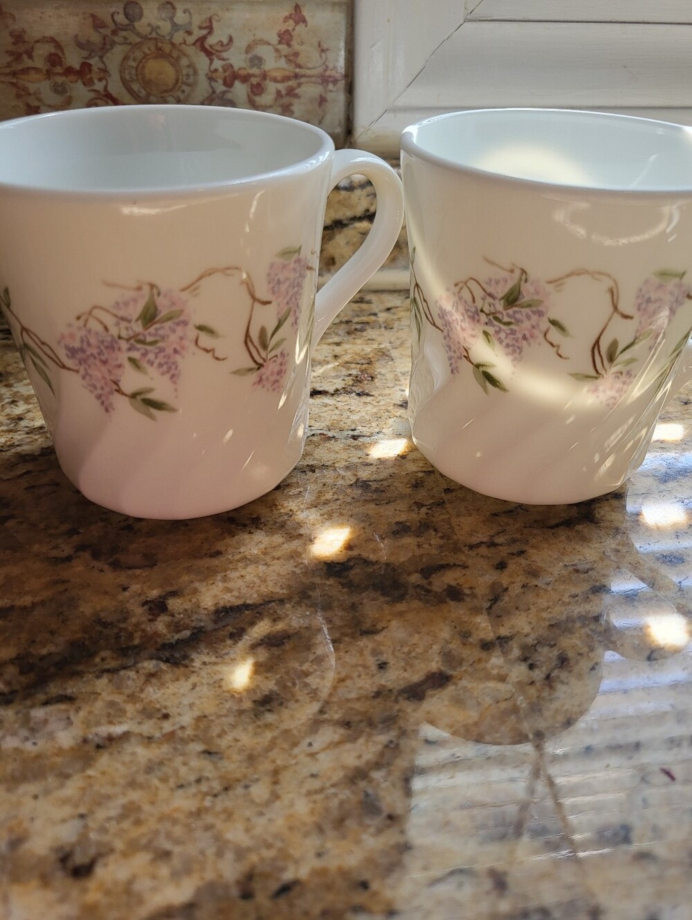 Set Of 8 Corning Ware Porcelain Coffee Mugs in White with Lilac Accents